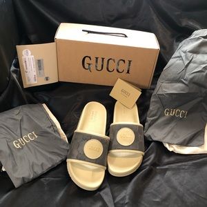 Gucci slides, tan/cream and gray size 11 mens. Brand new never worn.